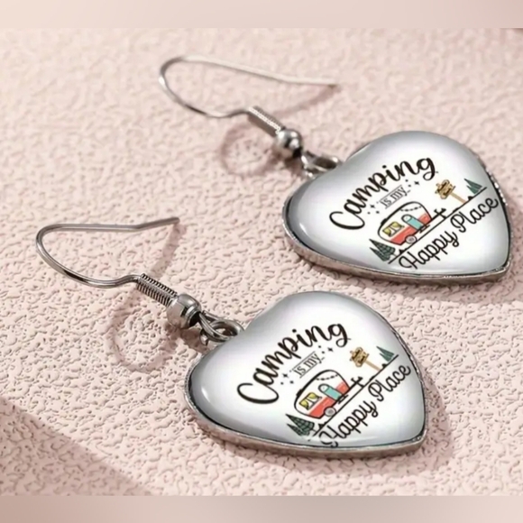 Heart-Shaped Outdoors Camping Silver Crystal Glass Earrings (#0296) - Picture 3 of 5